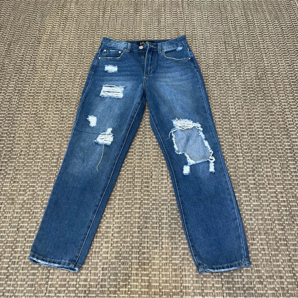 Indigo Rein Straight Leg Blue Jeans with Distressed Details